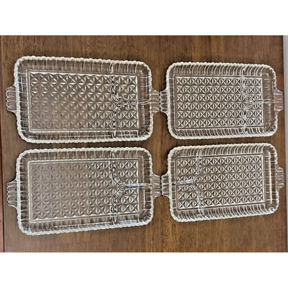 Set of 4 Vintage Pressed Glass Divided Luncheon Plates Great for Parties Sushi